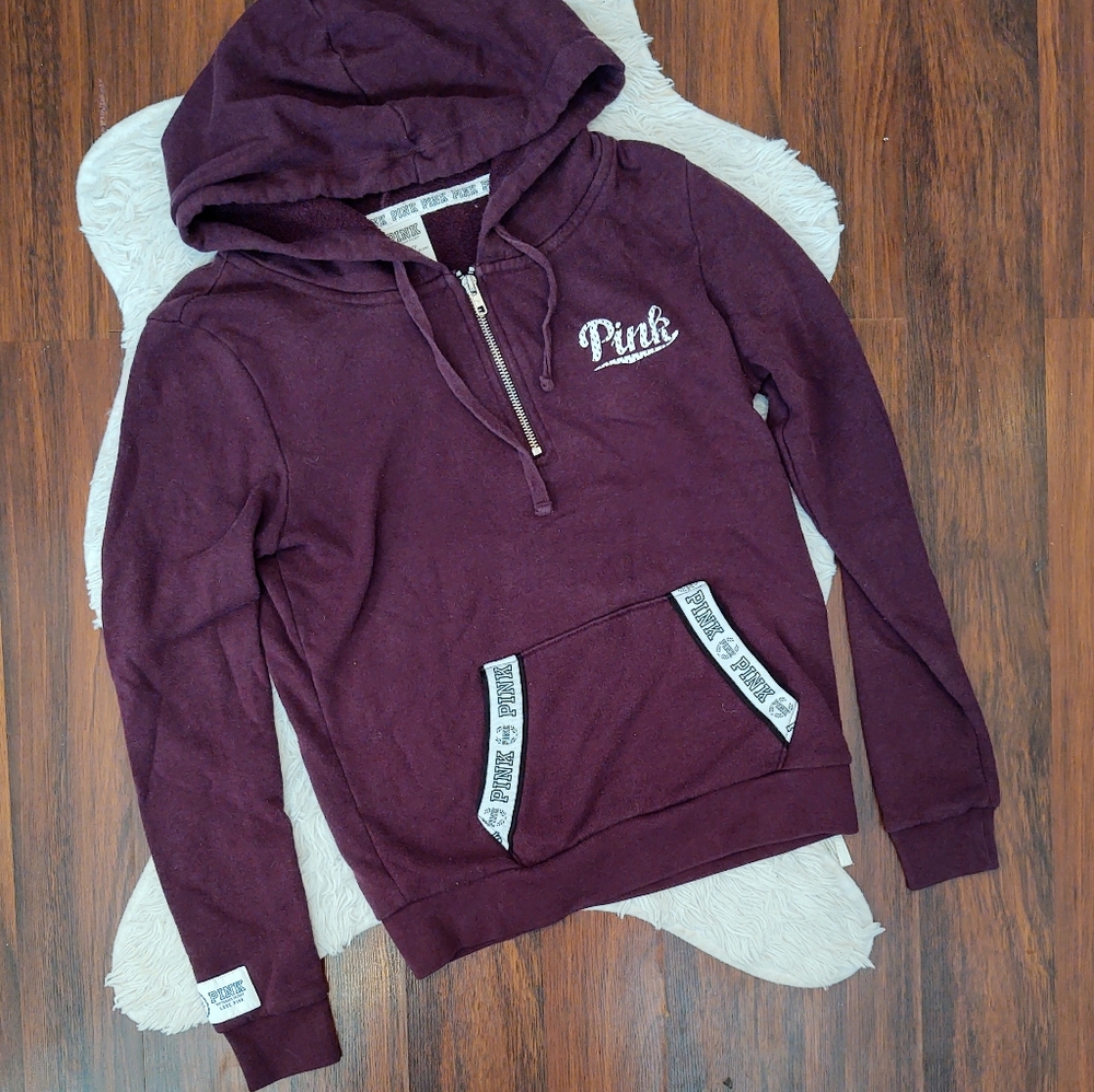 PINK Victoria's Secret Maroon Logo Stripe Partial Zip Hoodie